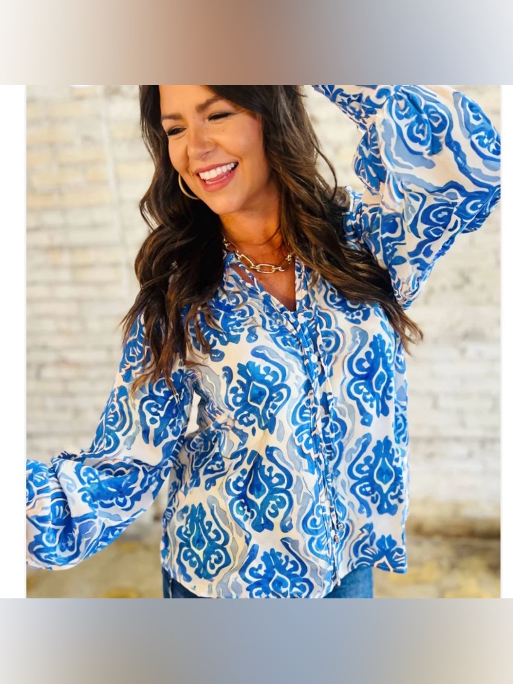 Tallulah Kate Blue Printed Split Neck Button Front Puff Sleeve Top 1X